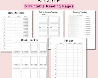 May include: A bundle of five printable reading tracker pages featuring black text on white paper. The sheets include titles such as Books I Have Read, Author Series Tracker, Reading Tracker, Book Tracker, and TBR List with grids and star ratings.