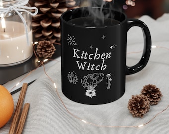 Kitchen Witch Ceramic Mug Black, witchcore, cottagecore, witch mug, coffee mug, tea mug, gift mug, novelty gift, cooking gift, baker gift