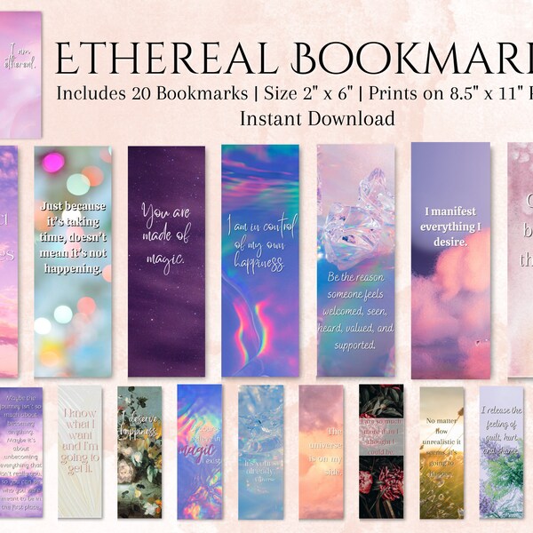 Ethereal Bookmarks | Printable Dreamy Fantasy Art Reading Accessories Positive Affirmations Inspirational Quotes Whimsical Flowers Feminine