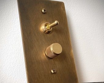 Retro Toggle & Dimmer Light Switch - Aged Brass Finish 1 Gang plate