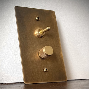 May include: A brass light switch and dimmer with a brushed finish. The switch has a toggle lever and the dimmer has a round knob.