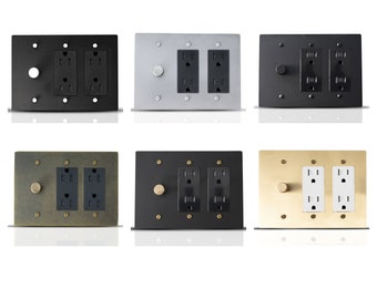 Rotary Knurled Dimmer and Outlet - 3 gang Brass & Stainless Steel Wall plates