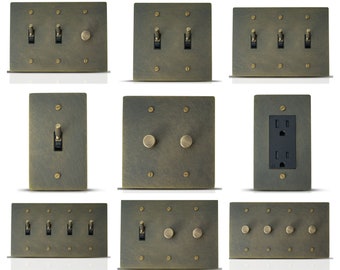 Schakel lichtschakelaar, dimmer en stopcontact. Antiek bronzen koperen afdekplaat - woondecoratie, stopcontactafdekkingen, unieke schakelplaten