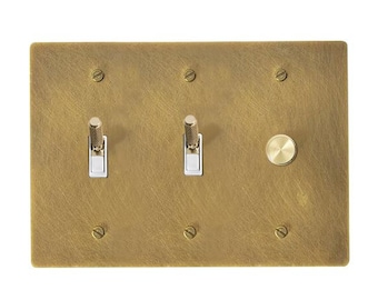 Dual Toggle & Dimmer Wandplatte - gealtertes Messing Finish, Vintage-inspirierte Schalterabdeckung