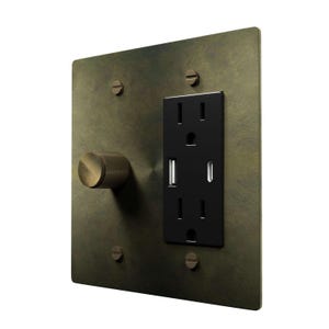 Antique Brass Wall Plate with Dimmer and Outlet - Handcrafted, Elegant Home Decor, Luxury Light Switch Cover, Dual Control Design