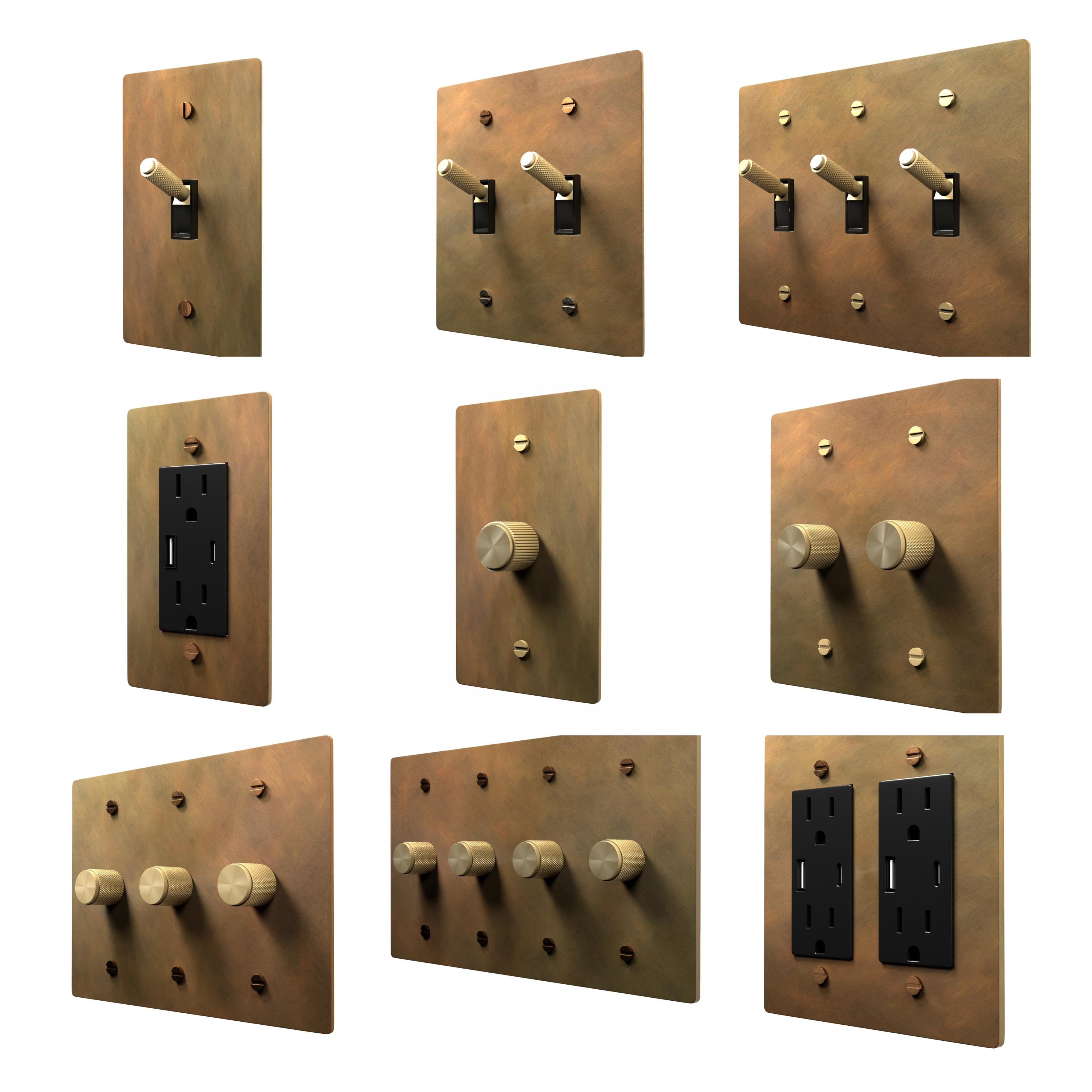 Electrical Outlet, Toggle Light Switch, Dimmer - Aged Brass Wall Plate