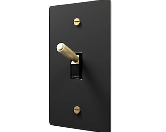 Brass Toggle Light Switch, Black Wall Plate, 1–5 Gang, cULus Listed