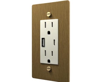 Aged Brass Wall Outlet Cover with 15A Receptacle, USB-C & GFCI - Elegant Plate Design