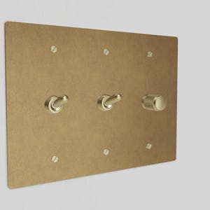May include: A brass-coloured light switch plate featuring three switches. Two are toggle switches, and the third is a rotary switch. The plate is rectangular with rounded corners and has six screws.