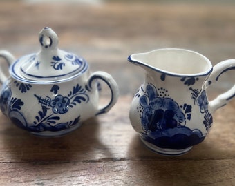 Vintage Delft Blue Sugar Bowl and Creamer