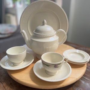 Wedgwood Edme Creamware Service: Vintage England Teapot, Cup, Plate