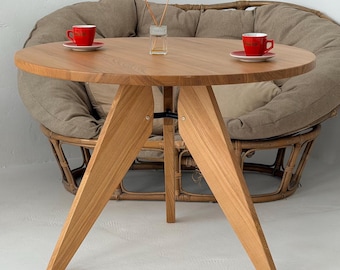 Solid Oak Round Dining Table – Handmade Scandinavian Japandi Table – Modern Natural Wood Kitchen Table – Minimalist Designer Furniture