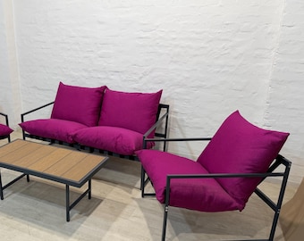 Modern Outdoor Lounge Set – Handmade Patio Conversation Furniture with Cushions, Minimalist Metal Frame Garden Sofa Set, Terrace Seating