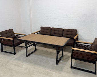 Luxury Outdoor Patio Furniture Set – Handmade Modern Garden Sofa with Cushions – Scandinavian Lounge Set for Backyard & Terrace