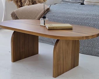 Modern Oval Solid Wood Coffee Table | Mid Century Scandinavian Minimalist Living Room Furniture | Natural Wood Center Table for Home Decor