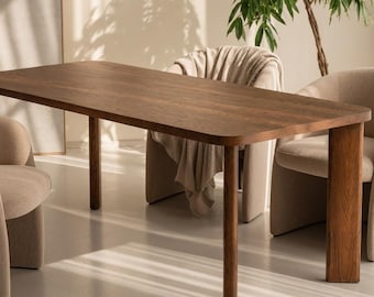 Handmade Solid Wood Dining Table – Rectangular Kitchen Table with Walnut Finish – Scandinavian Japandi Mid Century Modern Furniture