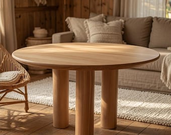 Round Oak Dining Table with 3 Thick Cylinder Legs, Modern Minimalist Wooden Table, Scandinavian Japandi Style Solid Wood Table