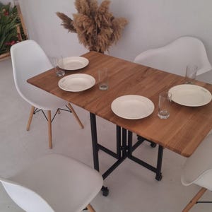 Foldable Wooden Dining Table on Wheels | Space-Saving Kitchen Table | Modern Compact Table for Home & Office | Small Apartment Furniture