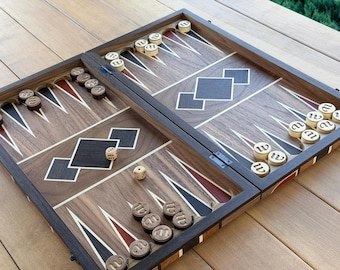 Walnut Backgammon Set – Handmade Wooden Backgammon Board with Geometric Inlay Design – Premium Folding Game Set & Unique Gift