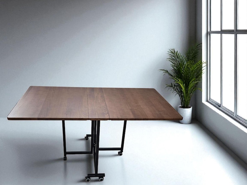 Foldable Dining Table on Wheels | Extendable Solid Wood & Metal Table ...