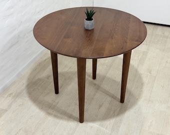 Solid Wood Walnut Color Table with Cylindrical Legs – Minimalist Scandinavian Handmade Table