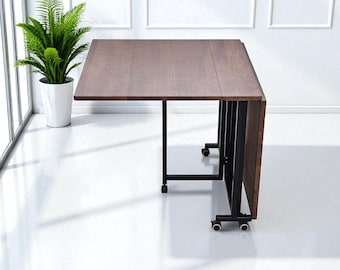 Foldable Dining Table on Wheels | Extendable Solid Wood & Metal Table | Space-Saving Kitchen Desk for Small Apartments and Home Office