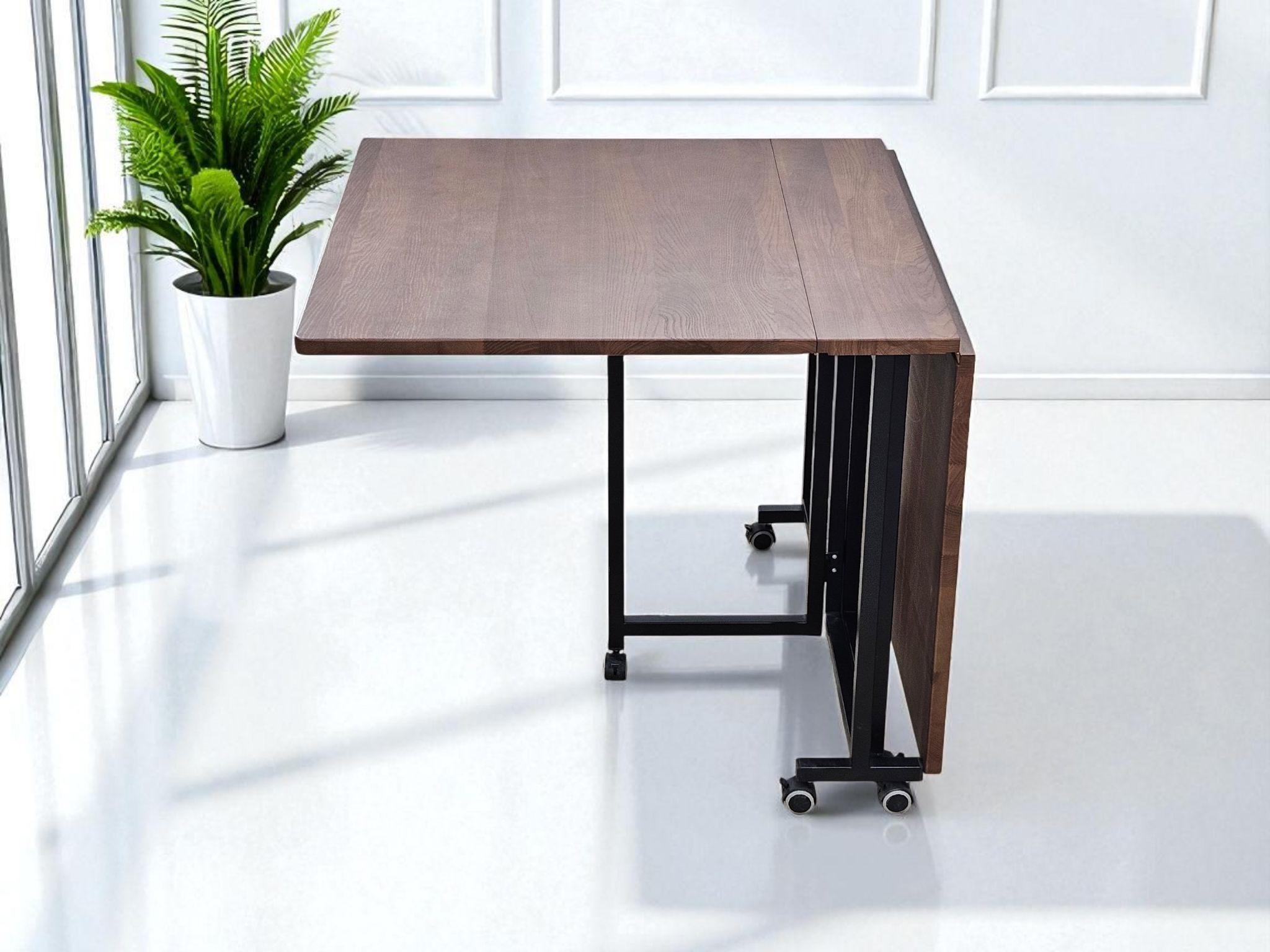 Foldable Dining Table on Wheels | Extendable Solid Wood & Metal Table ...