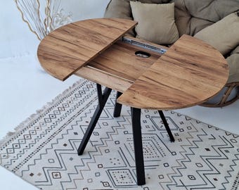Round Extendable Dining Table with Metal Legs | Space Saving Kitchen Table with MDF Top | Modern Small Space Furniture for Home
