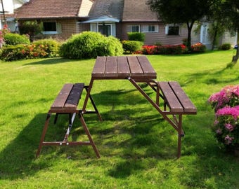 Multifunctional Convertible Picnic Table Bench – Folding Outdoor Garden Furniture, Weatherproof Pine & Metal, Space Saving Patio Seating
