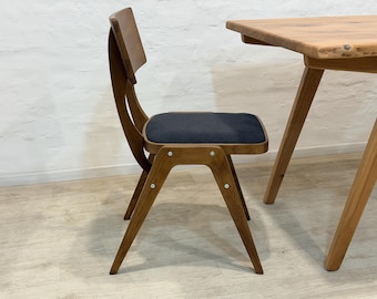 Vintage Wooden Dining Chair – Retro 1980s Style Upholstered Chair with Fabric Seat – Handmade Solid Wood Accent Furniture