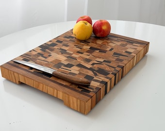 End Grain Solid Wood Cutting Board – Handmade Butcher Block with Geometric Pattern, Professional Kitchen Chopping Board