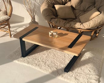 Modern Oak Solid Wood Coffee Table with Metal Inlay, Low Japandi Coffee Table, Minimalist Living Room Table, Handmade Wood Table