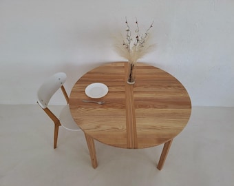 Expandable Round Dining Table | Solid Wood Extendable Table with Leaves | Scandinavian Minimalist Design | Handmade Kitchen Furniture