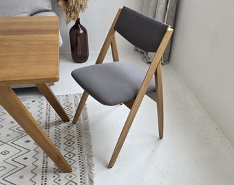 Folding Wooden Chair – Solid Oak Chair with Upholstered Seat – Modern Space Saving Dining Chair – Handmade Scandinavian Furniture