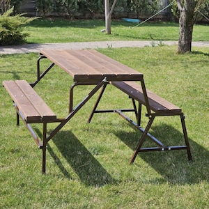Convertible Wooden Bench Table – 2-in-1 Outdoor Picnic Table & Bench, Folding Garden Patio Furniture, Weather-Resistant Pine and Metal Frame