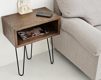 Solid Wood Nightstand with Hairpin Legs – Modern Rustic Bedside Table, Narrow Side Table, Custom Sizes – Handmade Furniture