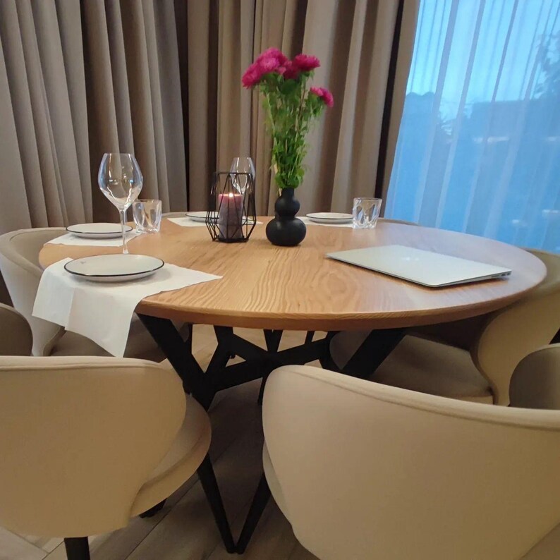 Handcrafted Round Dining Table - Solid Ash Wood & Metal Legs | Modern ...