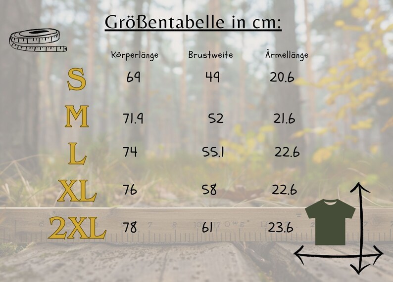 Größentabelle für das angebotene T-Shirt.
Linke Seite: Größen von S-2XL
Die Tabelle ist in Körperlänge, Brustweite und Ärmellänge aufgeteilt. Die Angaben sind in cm aufgelistet.