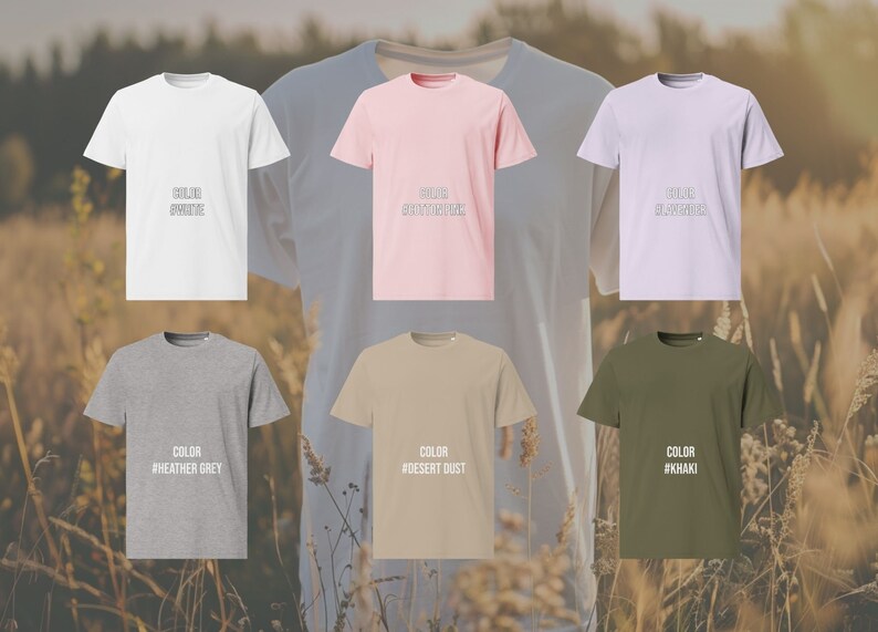 Es sind 6 T-Shirts abgebildet. Oben sind dies: weiss, pink und lavendel.
Unten sind dies: grau, sandfarben und khaki.