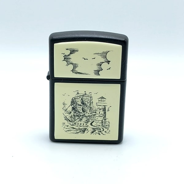 Zippo Lighter Collection, Scrimshaw Design (Ship & Lighthouse), Made In USA, Date Code H XI 1995