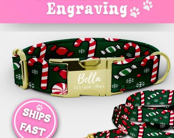 Personalized Candy Cane Dog Collar Leash Set Xmas Candy Dog Collar With Name Custom Girl Dog Collar Cute Adjustable Size Small - XL 187-2