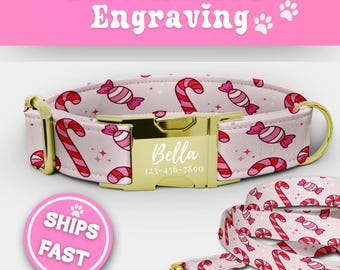 Candy Cane Dog Collar Leash Set Personalized Xmas Candy Dog Collar With Name Custom Girl Dog Collar Cute Adjustable Size Small - XL 187-1