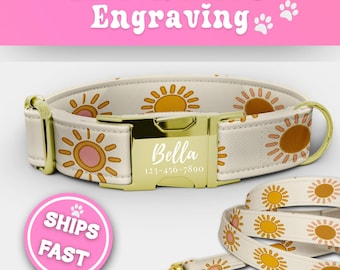 Sunshine Dog Collar & Leash Set Personalized Customized Sun Dog Collar with Name Engraved Buckle Adjustable Handmade Puppy Collar 145-1