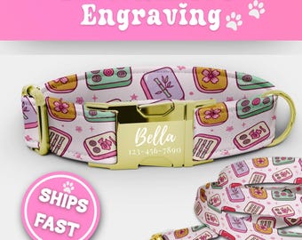 Personalized Mahjong Dog Collar Leash Set Matching Engraved Mahjongg Puppy Collar Adjustable Luxury Handmade Cute Mah Jong Dog Collar 194-1