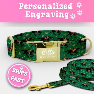 May include: Green dog collar and leash set with a horse racing pattern. The collar features a gold-colored buckle engraved with the name "Bella" and a phone number. The text "Personalized Engraving" is at the top.