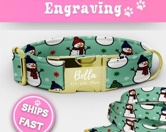 Snowman Personalized Dog Collar Leash Set Christmas Dog Collar With Name Custom Girl Dog Collars Are Cute Adjustable Sizes Small - XL 186-1