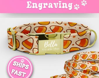 Halloween Candy Dog Collar Leash Set Personalized Matching Engraved Candy Corn Puppy Collar Adjustable Handmade Trick Treat Dog Collar 192-3