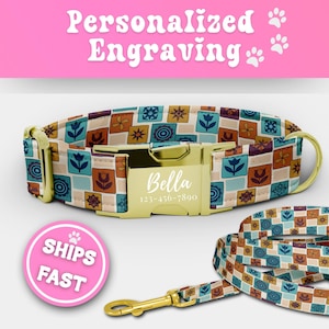 May include: A personalized dog collar and leash set. The collar features a gold buckle with the name "Bella" and a phone number. The collar and leash have a colorful geometric pattern with floral and circular designs. The text "Personalized Engraving" is at the top.