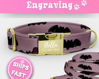 Vampire Bats Personalized Dog Collar & Leash Set Custom Engraved Buckle Halloween Bats Dog Collar Adjustable Handmade Dog Collar 183-3
