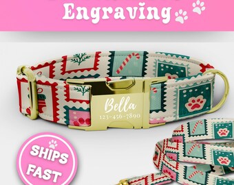 Vintage Stamps Dog Collar & Leash Set Christmas Engraved Cute Dog Collar Fabric Adjustable Dog Collar Boy Handmade Girl Puppy Collar 199-2